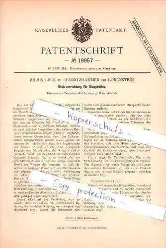 Original Patent - Julius Beck in Lemnitzhammer b. Lobenstein , 1882 , Stütze für Klappstuhl , Liegestuhl , Harra !!!