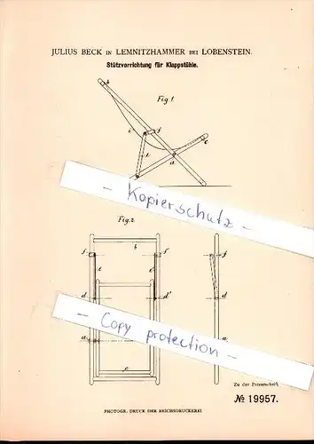 Original Patent - Julius Beck in Lemnitzhammer b. Lobenstein , 1882 , Stütze für Klappstuhl , Liegestuhl , Harra !!!