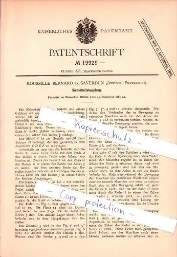 Original Patent - Roussille Bernard dans Saverdun , Ariege , 1881 , embrayage de sécurité , génie mécanique !!!