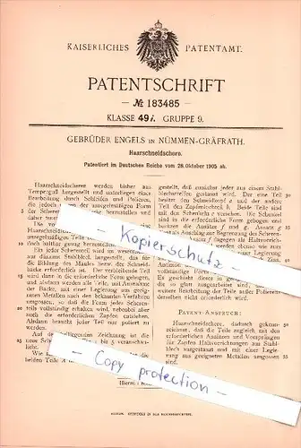 Original Patent - Gebrüder Engels in Nümmen - Gräfrath b. Solingen ,1905 , Haarschneidemaschine , Friseur !!!