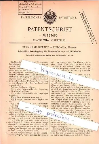 Original Patent - Bernhard Borten in Kolomea / Kolomyja , Mähren , 1905 , Kupplung für Eisenbahn !!!