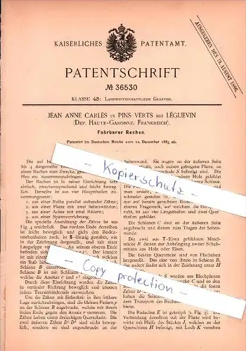 Original Patent - J.A. Charles dans Pins Verts b. Léguevin , 1885 , râteau roues , agriculture !!!