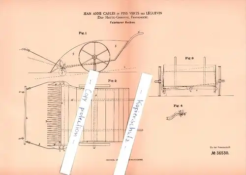 Original Patent - J.A. Charles dans Pins Verts b. Léguevin , 1885 , râteau roues , agriculture !!!