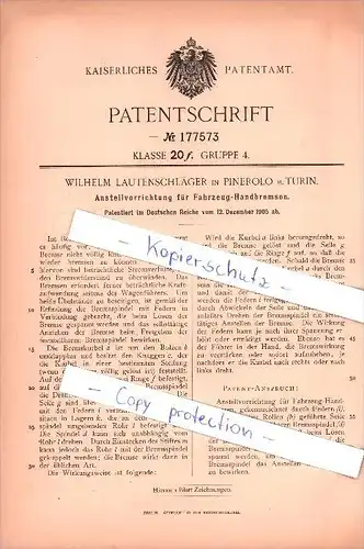 Original Patent - W. Lautenschläger in Pinerolo b. Turin , 1905 , Dispositivo per Automobile - freno a mano !!!