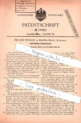 Original Patent - Per E. Persson in Marma b. Älvkarleby Municipality ,1905, Kalenderwerk , Kalender , Sweden , Skutskär