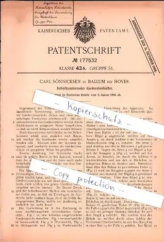 Original Patent - Carl Sönnicksen in Ballum b. Hoyer , 1906 , selbstkassierende . Garderobe , Højer Sogn , Dänemark !!!
