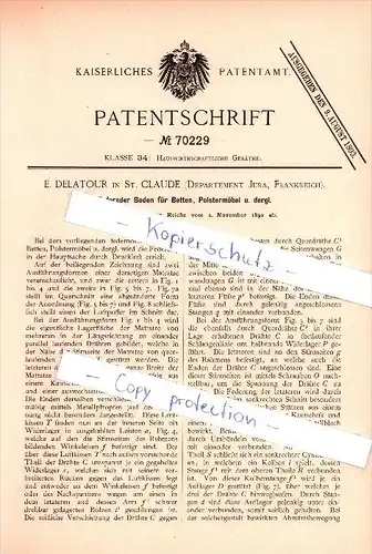 Original Patent - E. Delatour dans Saint Claude , Jura , 1892 , Sol souple pour lits , Les meubles rembourrés !!!