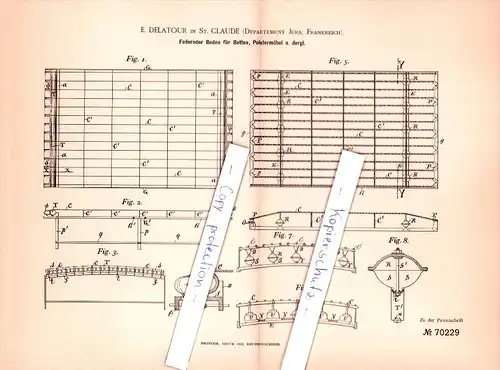 Original Patent - E. Delatour dans Saint Claude , Jura , 1892 , Sol souple pour lits , Les meubles rembourrés !!!