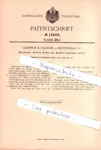 Original Patent - Gelbrich & Ullmann in Netzschkau i. Vogtland , 1901 , Roststab , Rost , Metallbau !!!