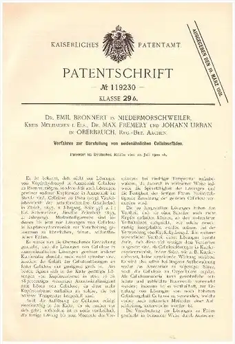 Original Patent - Dr. E. Bronnert dans Niedermorschweiler / Morschwiller-le-Bas , 1900 , Soie de cellulose , Heinsberg !