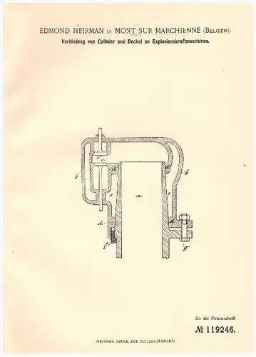 Original Patent - Edmond Heirman in Mont sur Marchienne , 1900 , Bau von Motoren , Motorenbau , Maschinenbau !!!