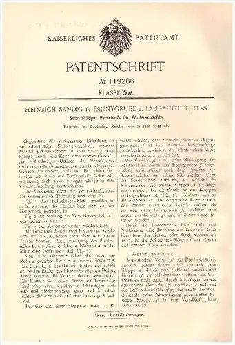 Original Patent - Heinrich Sandig in Fannygrube b. Laurahütte / Huta Laura ,1900 , Verschluß für Förderschacht , Bergbau
