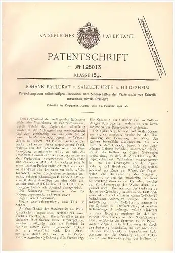 Original Patent - Johann Paulukat in Bad Salzdetfurth , 1901 , Schreibmaschine mit Preßluft , Hildesheim !!!