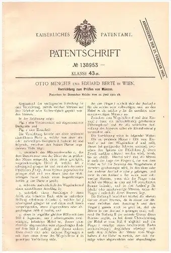 Original Patent - Otto Mengele und E. Berté in Wien ,1902, Apparat zum Prüfen von Münzen , Geld , Sparkasse , Münzprüfer