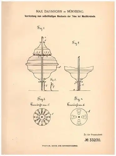 Original Patent - Max Dannhorn in Nürnberg , 1885 , Musikkreisel , Kreisel , Musik !!!