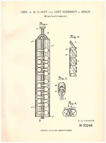 original Patent - O. Huff und G. Scheinert in Berlin , 1885 , Blasinstrument , Trompete , Tuba , Posaune !!!