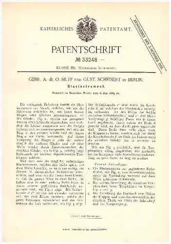 original Patent - O. Huff und G. Scheinert in Berlin , 1885 , Blasinstrument , Trompete , Tuba , Posaune !!!