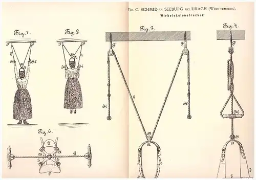 Original Patent - Dr. C. Schmid in Seeburg b. Bad Urach , 1890 , Wirbelsäulenstrecker , Chirurgie , Arzt , Wirbelsäule !