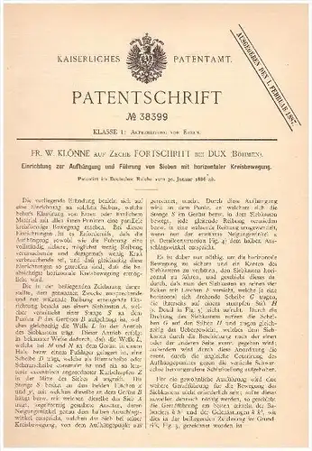 Original Patent -. W. Klönne auf Zeche Fortschritt bei Dux / Duchcov , 1886 , Aufhängung für Siebe , Bergbau , Böhmen !!