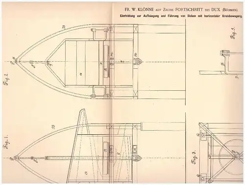 Original Patent -. W. Klönne auf Zeche Fortschritt bei Dux / Duchcov , 1886 , Aufhängung für Siebe , Bergbau , Böhmen !!