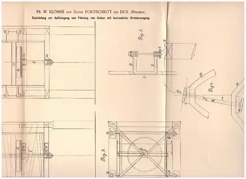 Original Patent -. W. Klönne auf Zeche Fortschritt bei Dux / Duchcov , 1886 , Aufhängung für Siebe , Bergbau , Böhmen !!