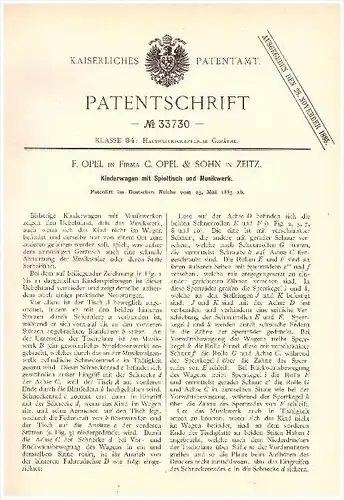 Original Patent - C. Opel & Sohn in Zeitz , 1885 ,  Kinderwagen mit Spieltisch und Musikwerk !!!