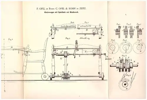 Original Patent - C. Opel & Sohn in Zeitz , 1885 ,  Kinderwagen mit Spieltisch und Musikwerk !!!