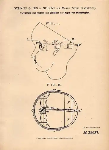 Original Patent - Schmitt & Fils in Nogent sur Marne , 1885 , Dispositif pour les yeux de poupées !!!