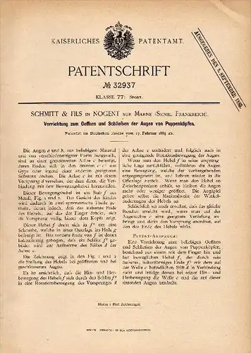 Original Patent - Schmitt & Fils in Nogent sur Marne , 1885 , Dispositif pour les yeux de poupées !!!
