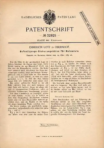 Original Patent - Emmerich Lotz in Obernhof b. Nassau , 1885 , Sicherung für Hutnadeln , Hut , Hüte , Mode !!!