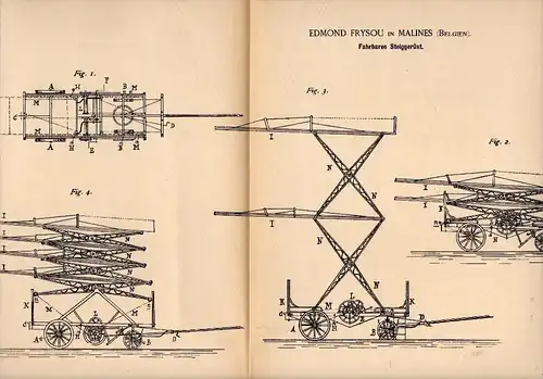 Original Patent - Edmond Frysou in Malines / Mechelen , 1885 , fahrbares Gerüst , Hebebühne , Feuerwehr , Rettung !!!