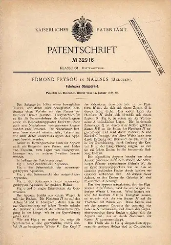 Original Patent - Edmond Frysou in Malines / Mechelen , 1885 , fahrbares Gerüst , Hebebühne , Feuerwehr , Rettung !!!