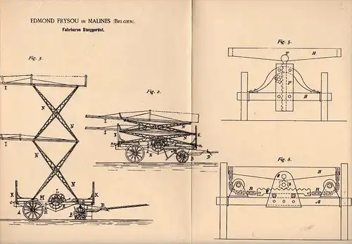 Original Patent - Edmond Frysou in Malines / Mechelen , 1885 , fahrbares Gerüst , Hebebühne , Feuerwehr , Rettung !!!