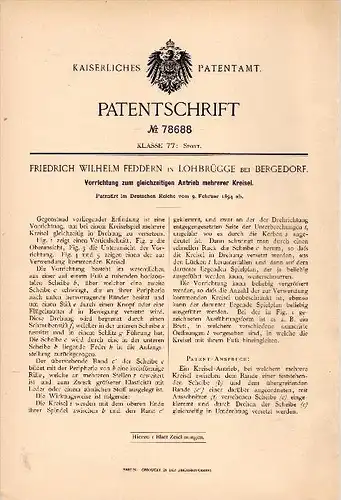 Original Patent - F.W. Feddern in Lohbrügge b. Hamburg , 1894 , Antrieb für Kreisel , Kreiselspiel , Bergedorf !!!