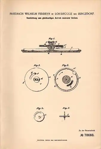 Original Patent - F.W. Feddern in Lohbrügge b. Hamburg , 1894 , Antrieb für Kreisel , Kreiselspiel , Bergedorf !!!