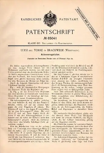 Original Patent - Luigi del Torre in Brackwede i. Westfalen , 1892 , Achsenregulator für Motor , Kraftmaschine !!!