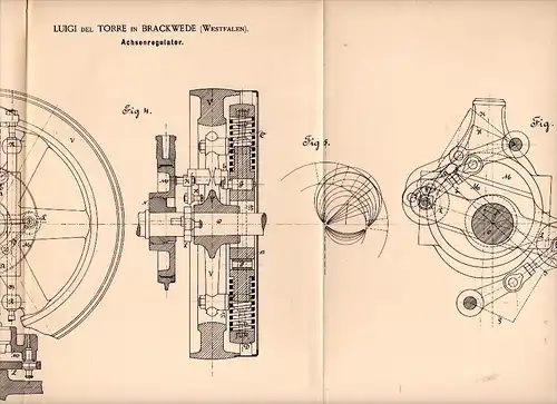 Original Patent - Luigi del Torre in Brackwede i. Westfalen , 1892 , Achsenregulator für Motor , Kraftmaschine !!!