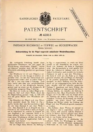 Original Patent - Friedrich Buchholz in Fürweg b. Hückeswagen ,1888, Stellapparat für Windrad , Windkraftanlage , Lennep