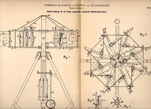 Original Patent - Friedrich Buchholz in Fürweg b. Hückeswagen ,1888, Stellapparat für Windrad , Windkraftanlage , Lennep