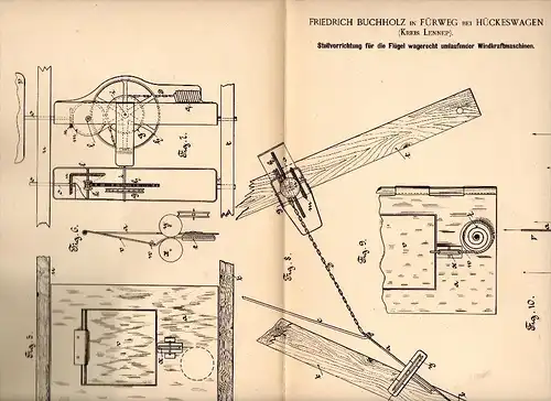 Original Patent - Friedrich Buchholz in Fürweg b. Hückeswagen ,1888, Stellapparat für Windrad , Windkraftanlage , Lennep