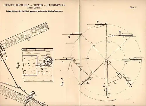 Original Patent - Friedrich Buchholz in Fürweg b. Hückeswagen ,1888, Stellapparat für Windrad , Windkraftanlage , Lennep