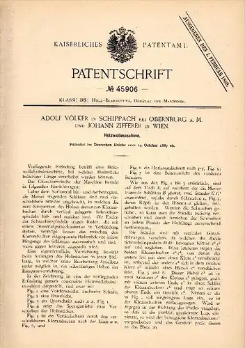 Original Patent - Adolf Völker in Schippach b. Obernburg a. Main , 1887 , Holzwollmaschine , Holzwolle , Elsenfeld !!!