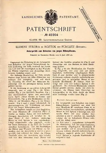 Original Patent - Klement Sykora in Roztok b. Pürglitz /  K&#345;ivoklát i. Böhmen , 1888 , Gerät für Rüben , Agrar !!!