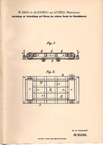 Original Patent -W. Krug in Altenberg / Odenthal bei Littfeld / Kreuztal i. Westf. , 1892 , Planstoßherd , Erz , Bergbau