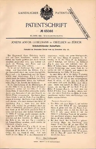 Original Patent - J.A. Gubelmann in Obfelden b. Affoltern , 1891 , Zapfhahn , Schankwirtschaft , Brauerei , Zürich !!!