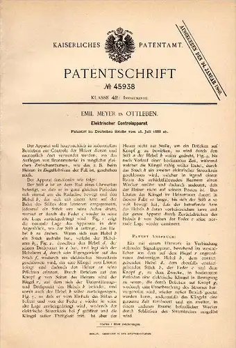 Original Patent - Emil Meyer in Ottleben b. Ausleben , 1888 ,  elektrischer Controlapparat , Ziegelei , Heizung !!!