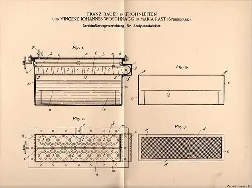 Original Patent - F. Bauer in Frohnleiten und V. Woschnagg in Maria Rast , 1898 , Acetylenentwickler , Steiermark !!!