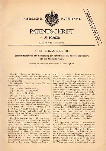 Original Patent - Josef Pelikán in Smiric , 1898 , Skalice u Smi&#345;ic , Vacuum - Manometer !!!