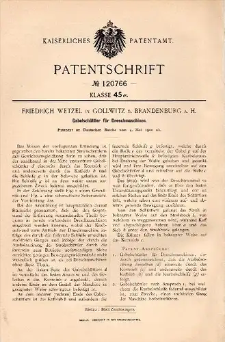 Original Patent - F. Wetzel in Gollwitz b. Brandenburg a. Havel , 1900 , Schütter für Dreschmaschine , Landwirtschaft !!