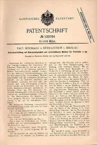Original Patent - Paul Mochalle in Dürrjentsch / Radomierzyce b. Breslau , 1900 , Antrieb für Fahrrad , Fahrräder !!!